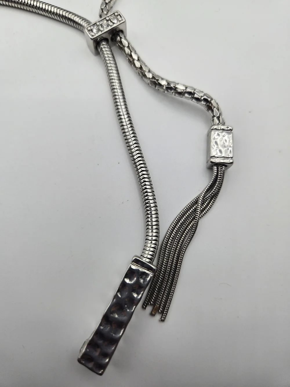 Chico's Silvertone Lariat Necklace Tassel Hammered Bar Rhinestone Accent Classic